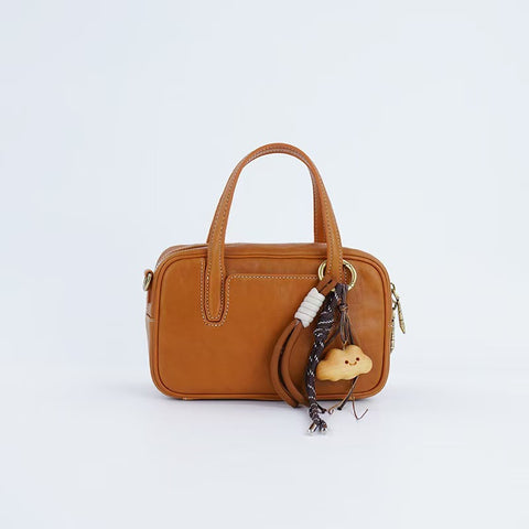 Genuine Split Leather Crossbody Shoulder Bowling Bag Top Handle Mini Brown