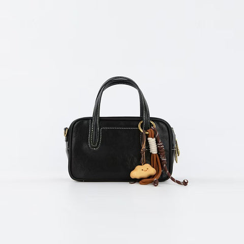 Genuine Split Leather Crossbody Shoulder Bowling Bag Top Handle Mini Black