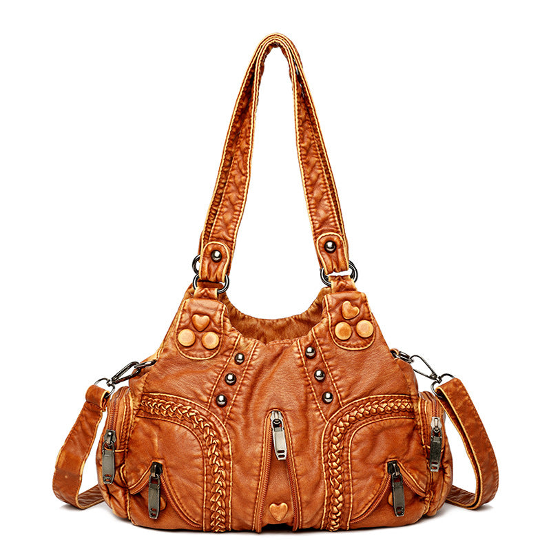 Faux PU Leather Studded Crossbody Shoulder Hobo Bag Multi Pocket Brown