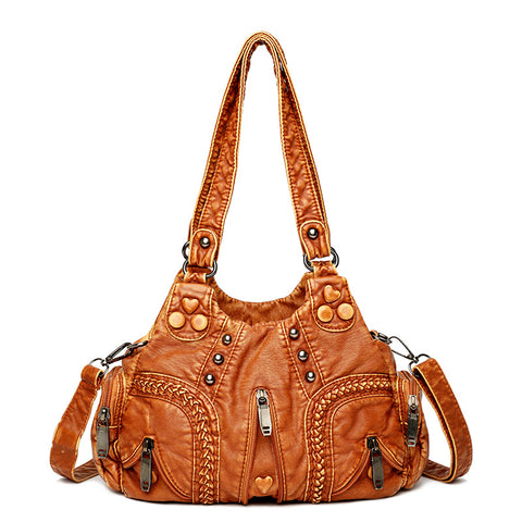 Faux PU Leather Studded Crossbody Shoulder Hobo Bag Multi Pocket Brown