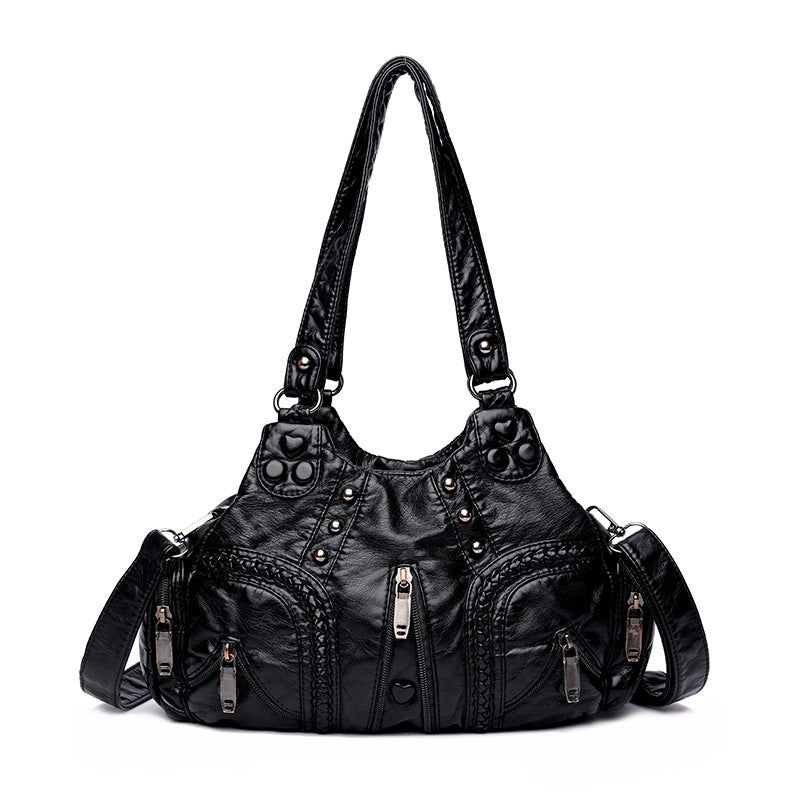 Faux PU Leather Studded Crossbody Shoulder Hobo Bag Multi Pocket Black