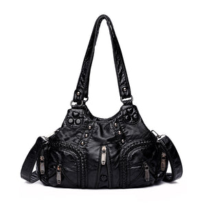 Faux PU Leather Studded Crossbody Shoulder Hobo Bag Multi Pocket Black