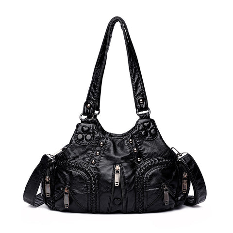 Faux PU Leather Studded Crossbody Shoulder Hobo Bag Multi Pocket Black