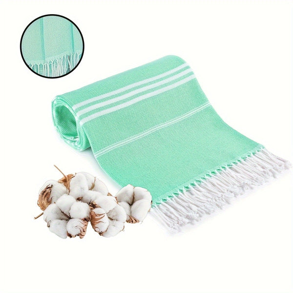 Cotton Striped Beach Towel Tassels Extra Large Absorbent 180 x 90cm Green