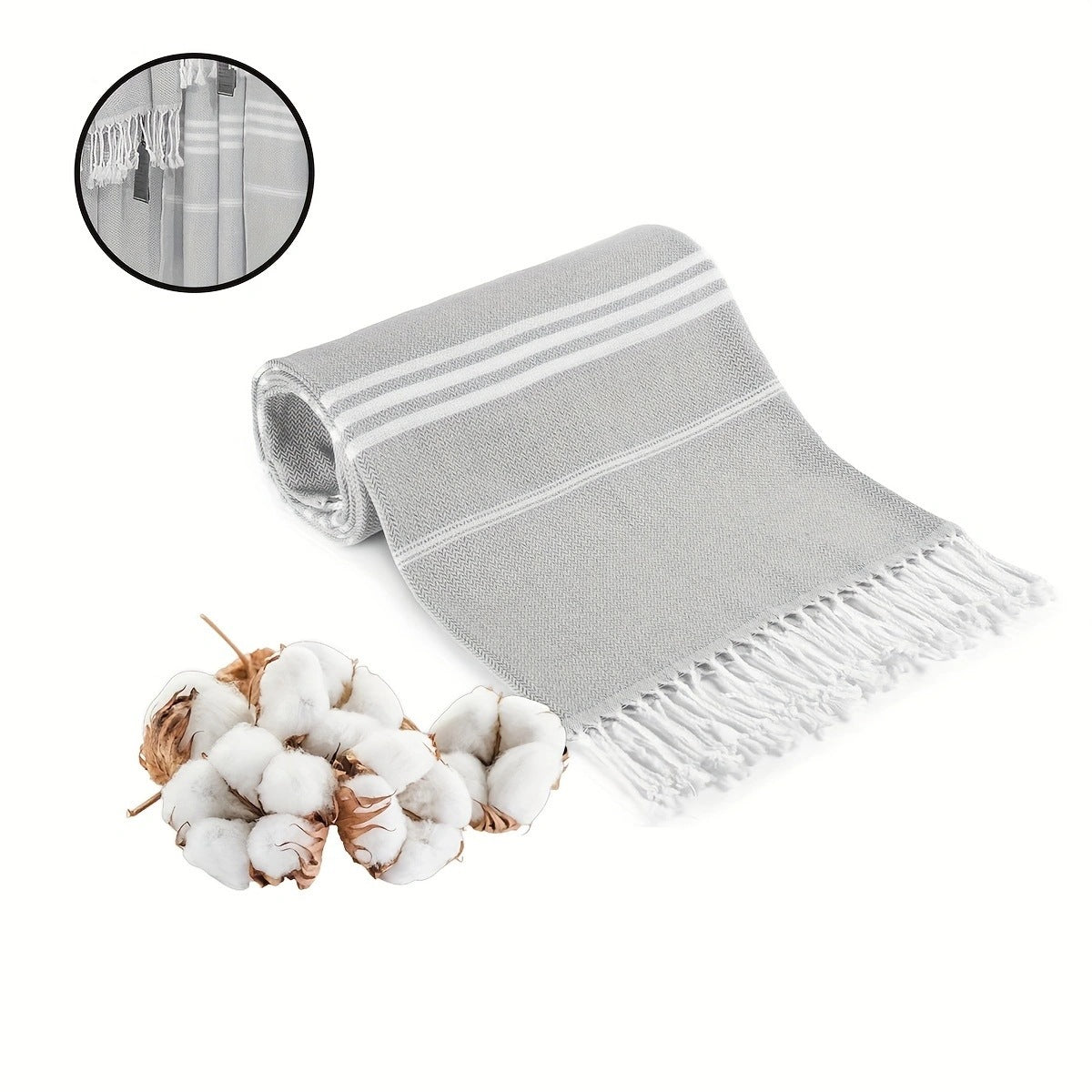 Cotton Striped Beach Towel Tassels Extra Large Absorbent 180 x 90cm Grey