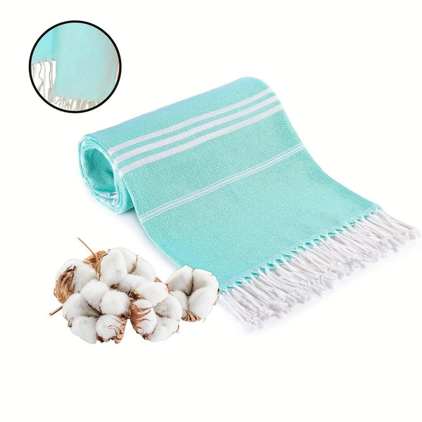 Cotton Striped Beach Towel Tassels Extra Large Absorbent 180 x 90cm Blue