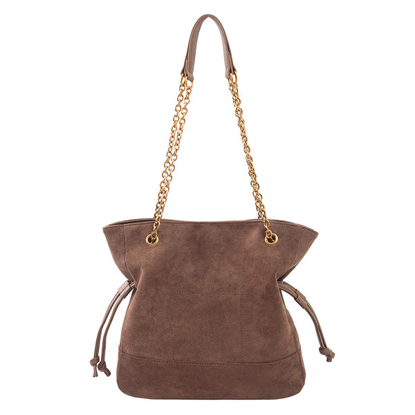 Faux Suede Hobo Bucket Bag Handbag Chain Shoulder Strap Drawstring Coffee