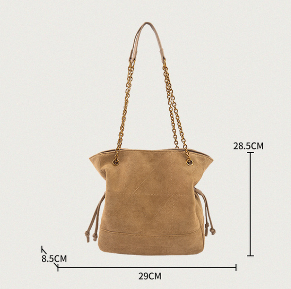 Faux Suede Hobo Bucket Bag Handbag Chain Shoulder Strap Drawstring Coffee