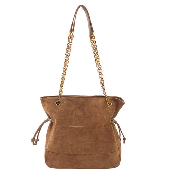 Faux Suede Hobo Bucket Bag Handbag Chain Shoulder Strap Drawstring Brown
