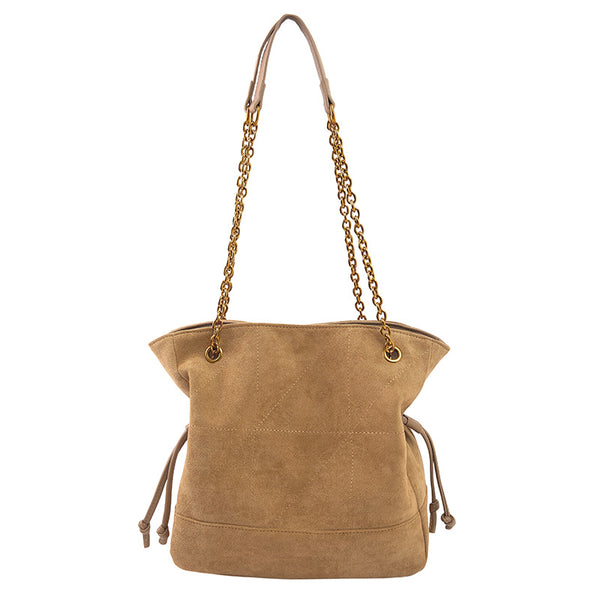 Faux Suede Hobo Bucket Bag Handbag Chain Shoulder Strap Drawstring Khaki