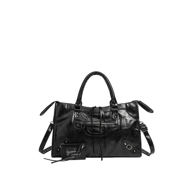 Faux PU Leather Rivet Crossbody Motorcycle Bag Handbag Black