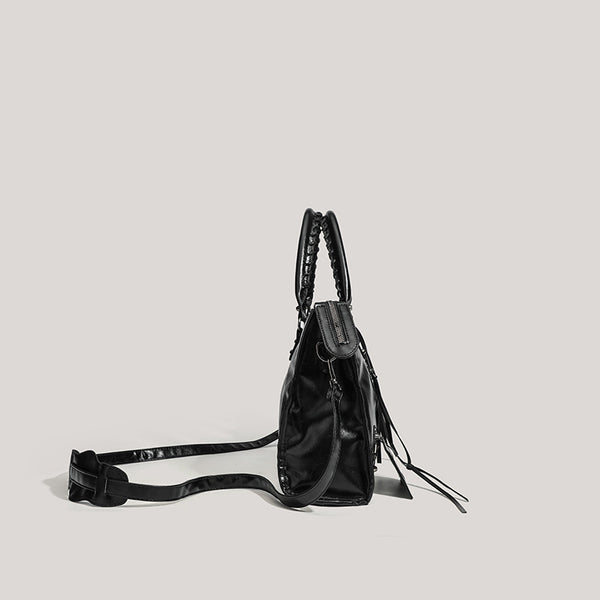 Faux PU Leather Rivet Crossbody Motorcycle Bag Handbag Black