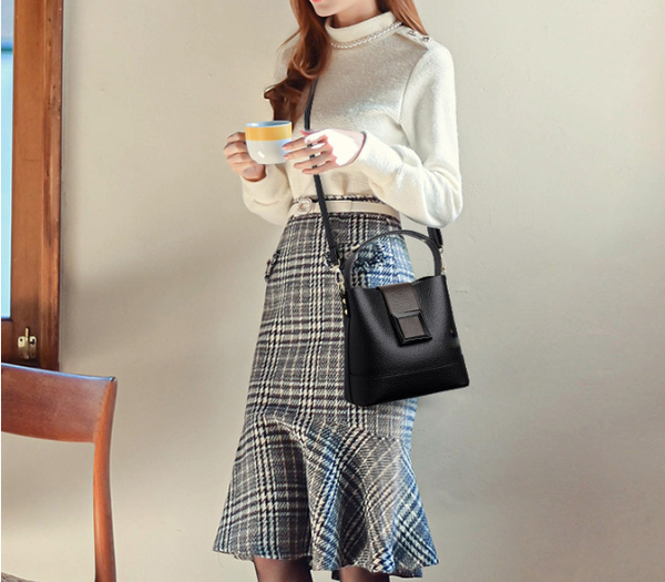 Faux PU Leather Crossbody Shoulder Bucket Bag Handbag Large Black