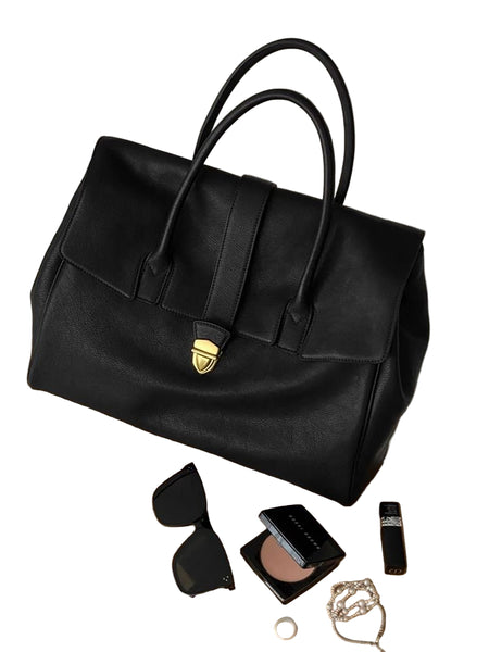 Faux PU Leather Briefcase Tote Bag Handbag Turn Lock Black