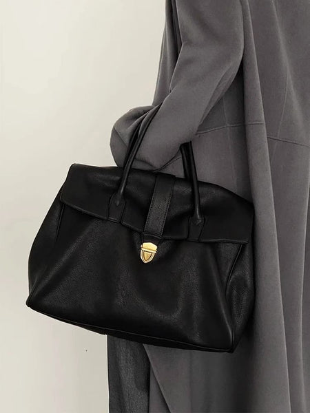 Faux PU Leather Briefcase Tote Bag Handbag Turn Lock Black