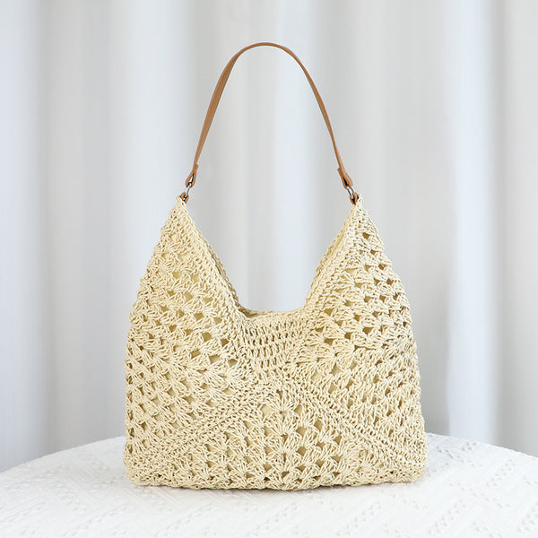 Stylish Woven Straw Look Shoulder Bag Handbag Beach Tote Beige