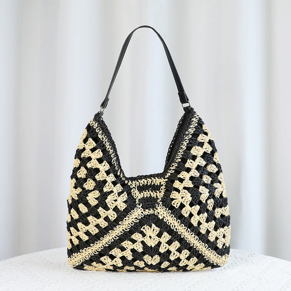 Stylish Woven Straw Look Shoulder Bag Handbag Beach Tote Black White