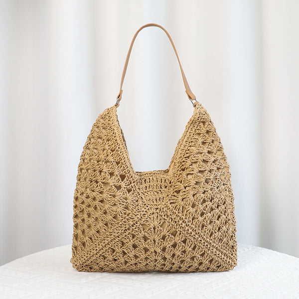 Stylish Woven Straw Look Shoulder Bag Handbag Beach Tote Khaki