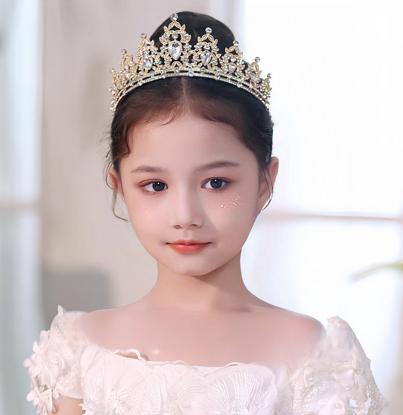 Tiara Crown Crystal Rhinestone Headpiece Dance Flower Girl Wedding 14cm Clear Gold