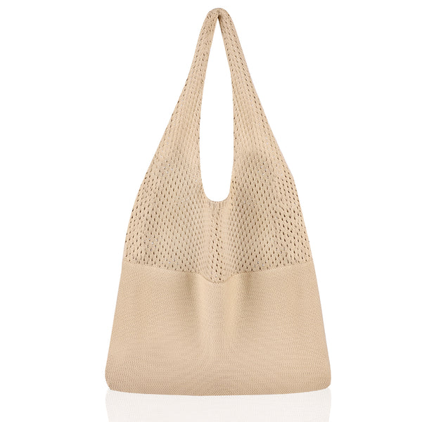Large Mesh Beach Tote Shoulder Bag Boho Knitted Style Brown