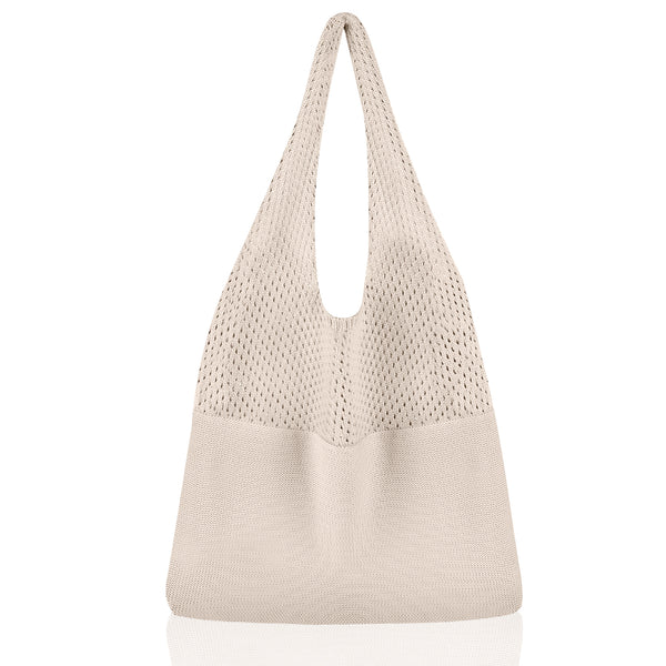 Large Mesh Beach Tote Shoulder Bag Boho Knitted Style Beige