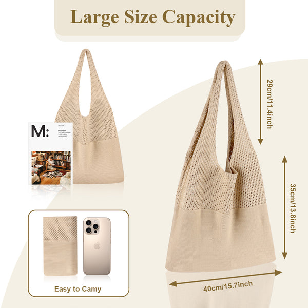 Large Mesh Beach Tote Shoulder Bag Boho Knitted Style Beige