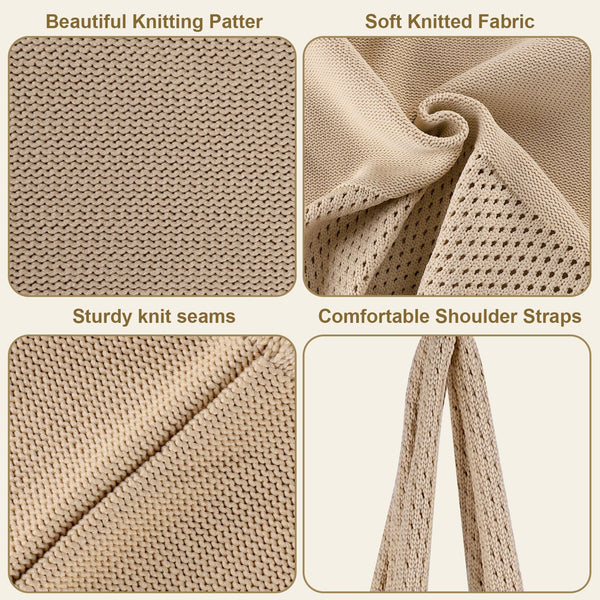 Large Mesh Beach Tote Shoulder Bag Boho Knitted Style Beige