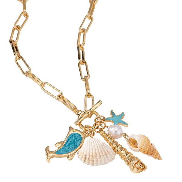 Gold Tone Paperclip Chain Necklace Ocean Charms Dolphin Starfish Seashell