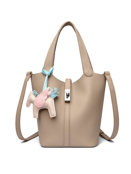 Faux PU Leather Bucket Crossbody Bag Handbag Lock Horse Charm Khaki