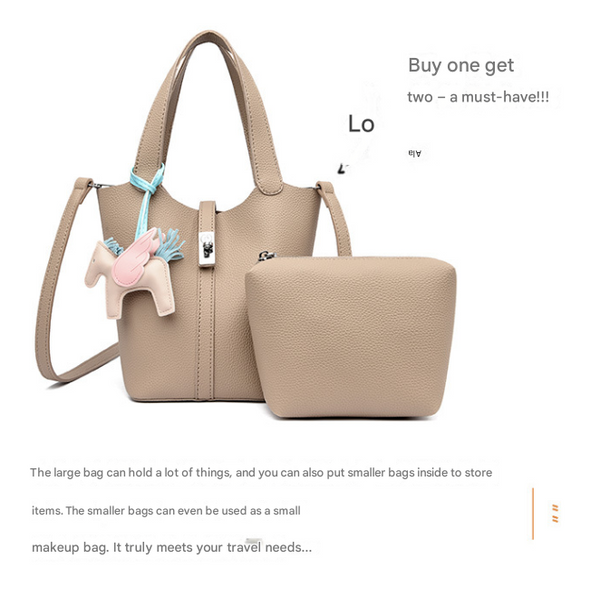 Faux PU Leather Bucket Crossbody Bag Handbag Lock Horse Charm Khaki