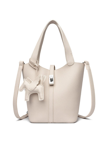 Faux PU Leather Bucket Crossbody Bag Handbag Lock Horse Charm Beige