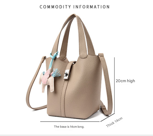 Faux PU Leather Bucket Crossbody Bag Handbag Lock Horse Charm Beige