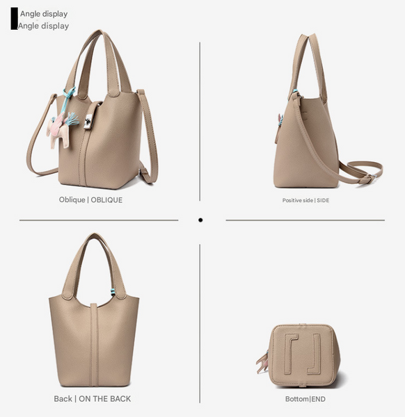 Faux PU Leather Bucket Crossbody Bag Handbag Lock Horse Charm Beige
