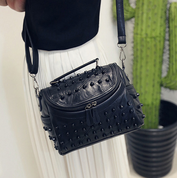 Faux PU Leather Studded Crossbody Shoulder Bag Handbag Black