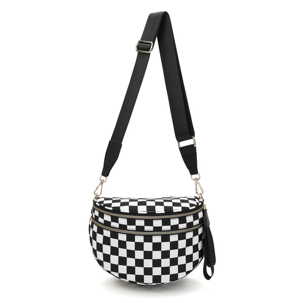 Fabric Checkered Crescent Sling Crossbody Purse Bag Handbag Wide Strap Black