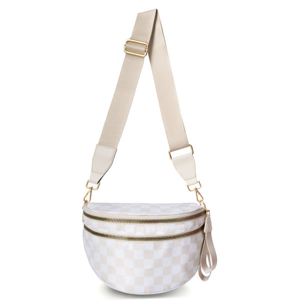 Fabric Checkered Crescent Sling Crossbody Purse Bag Handbag Wide Strap Beige