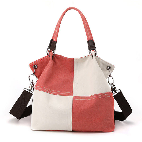 Two Tone Canvas Patchwork Crossbody Tote Shoulder Womens Bag Handbag Red