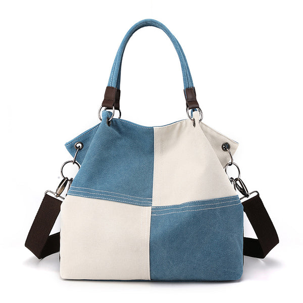 Two Tone Canvas Patchwork Crossbody Tote Shoulder Womens Bag Handbag Blue