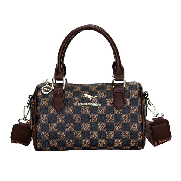 Faux PU Leather Boston Shoulder Crossbody Bag Handbag Checkered Brown