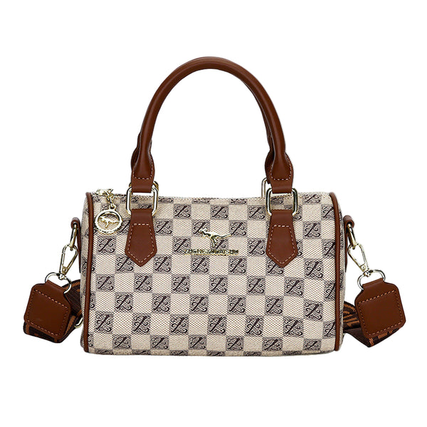 Faux PU Leather Boston Shoulder Crossbody Bag Handbag Checkered Khaki
