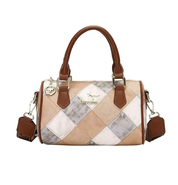 Faux PU Leather Boston Shoulder Crossbody Bag Handbag Checkered White