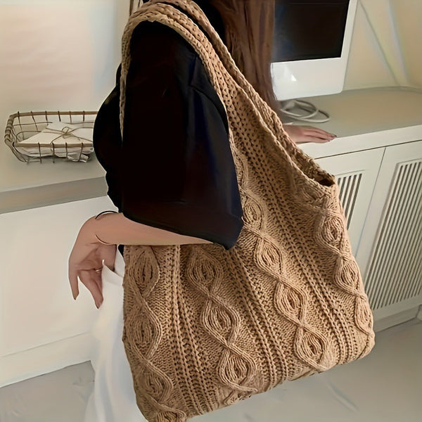 Cable Pattern Bohemian Woven Knit Tote Shoulder Bag Khaki