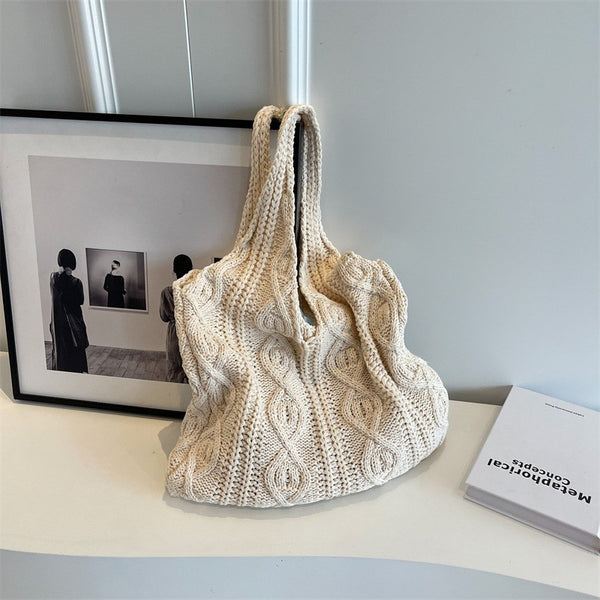 Cable Pattern Bohemian Woven Knit Tote Shoulder Bag Beige