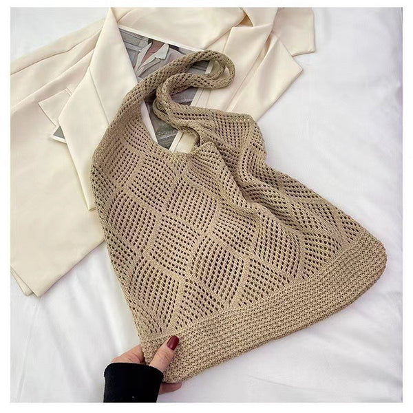 Diamond Bohemian Woven Knit Crochet Tote Shoulder Bag Khaki