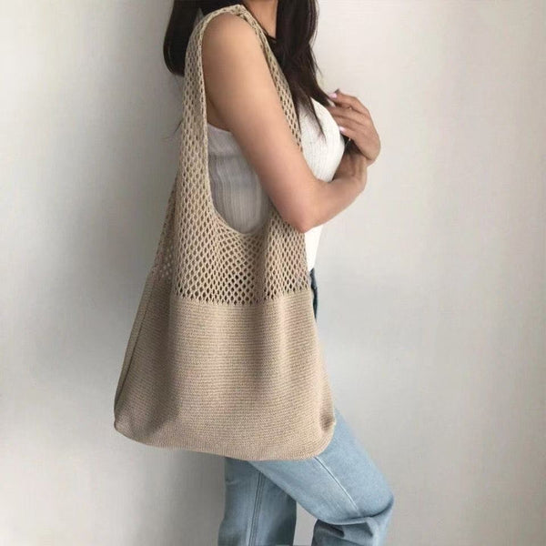 Bohemian Woven Knit Crochet Tote Shoulder Bag Khaki