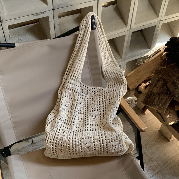 Squares Bohemian Woven Knit Crochet Tote Shoulder Bag Beige