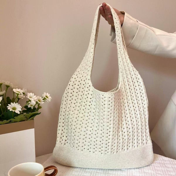 Honeycomb Holes Bohemian Woven Knit Crochet Tote Shoulder Bag Beige