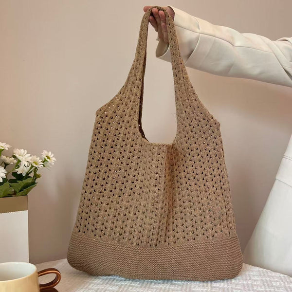 Honeycomb Holes Bohemian Woven Knit Crochet Tote Shoulder Bag Khaki