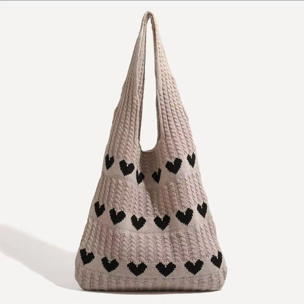 Hearts Bohemian Woven Knit Crochet Tote Shoulder Bag Khaki