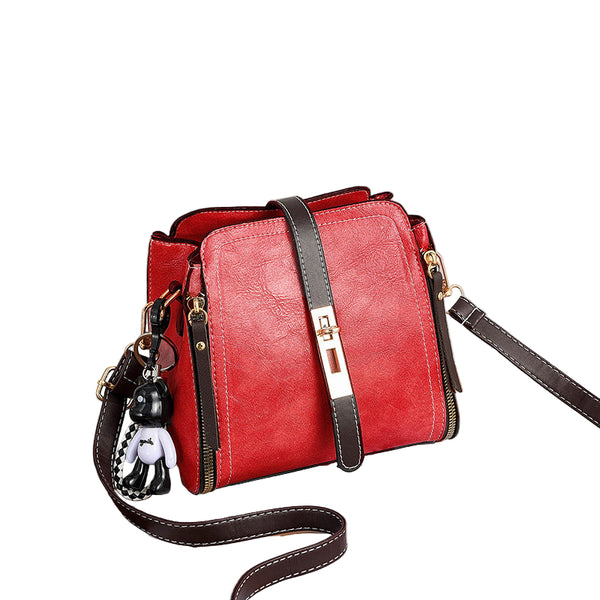 Faux PU Leather Crossbody Shoulder Bucket Bag Handbag Keychain Red